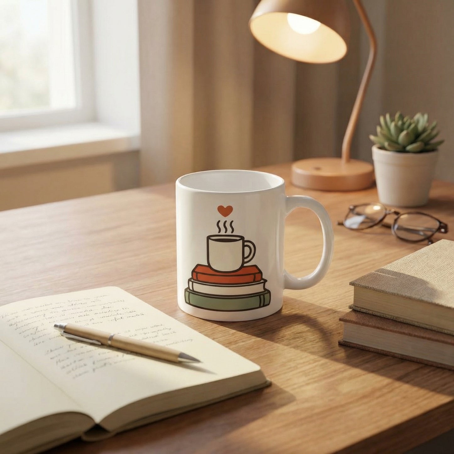 Cozy Reading Stack Mug — Coffee Cup on Books with Heart (11oz)