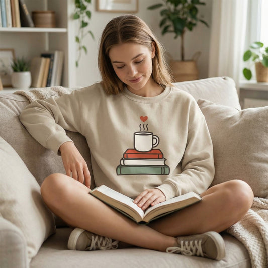 Cozy Book & Coffee Sweatshirt – Cute Reading Mug Crewneck
