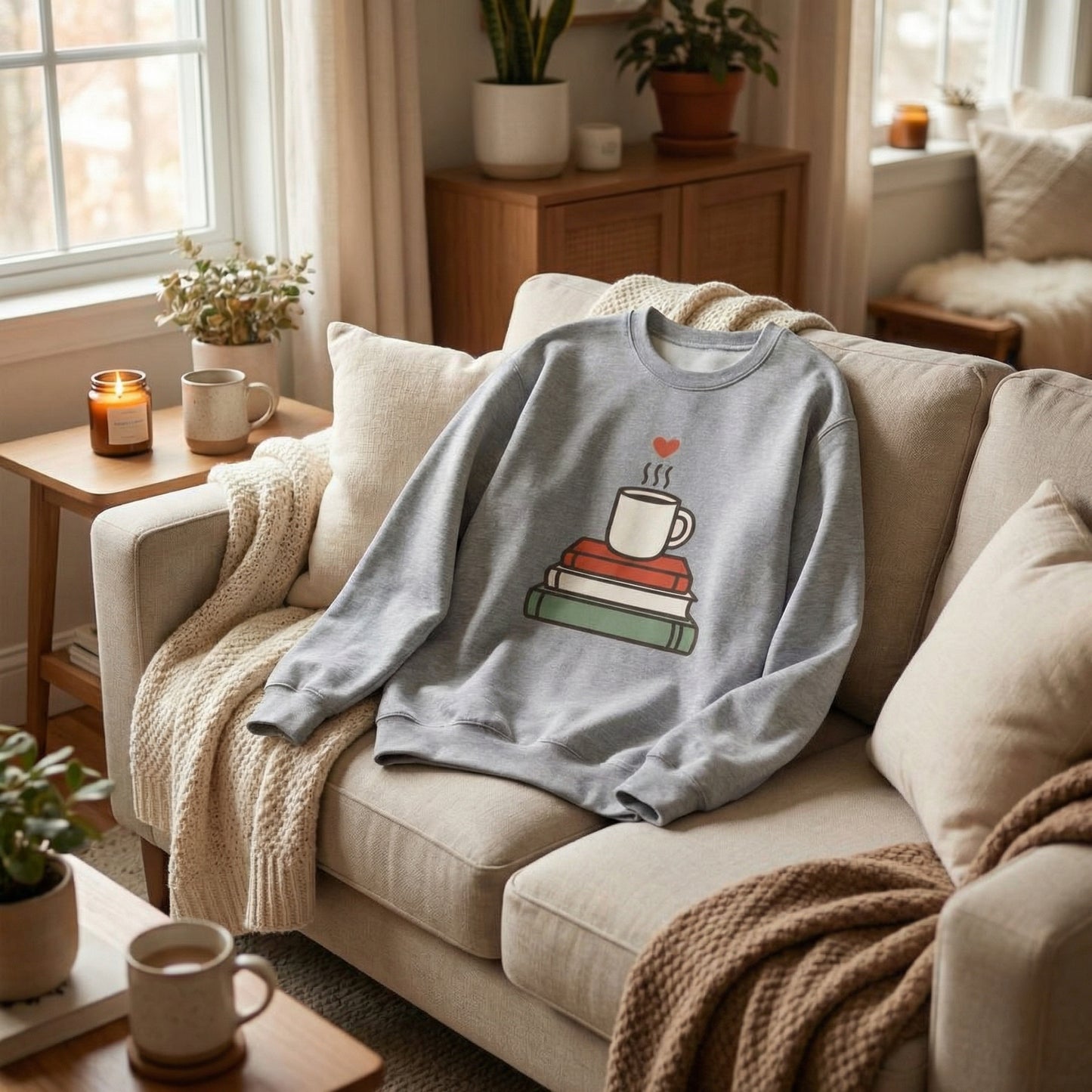 Cozy Book & Coffee Sweatshirt – Cute Reading Mug Crewneck