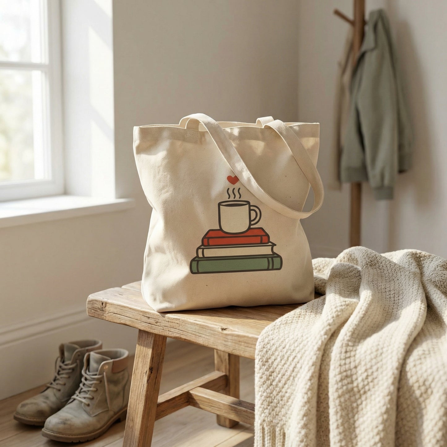 Book Lover Tote Bag — Coffee & Books Stack Canvas Tote