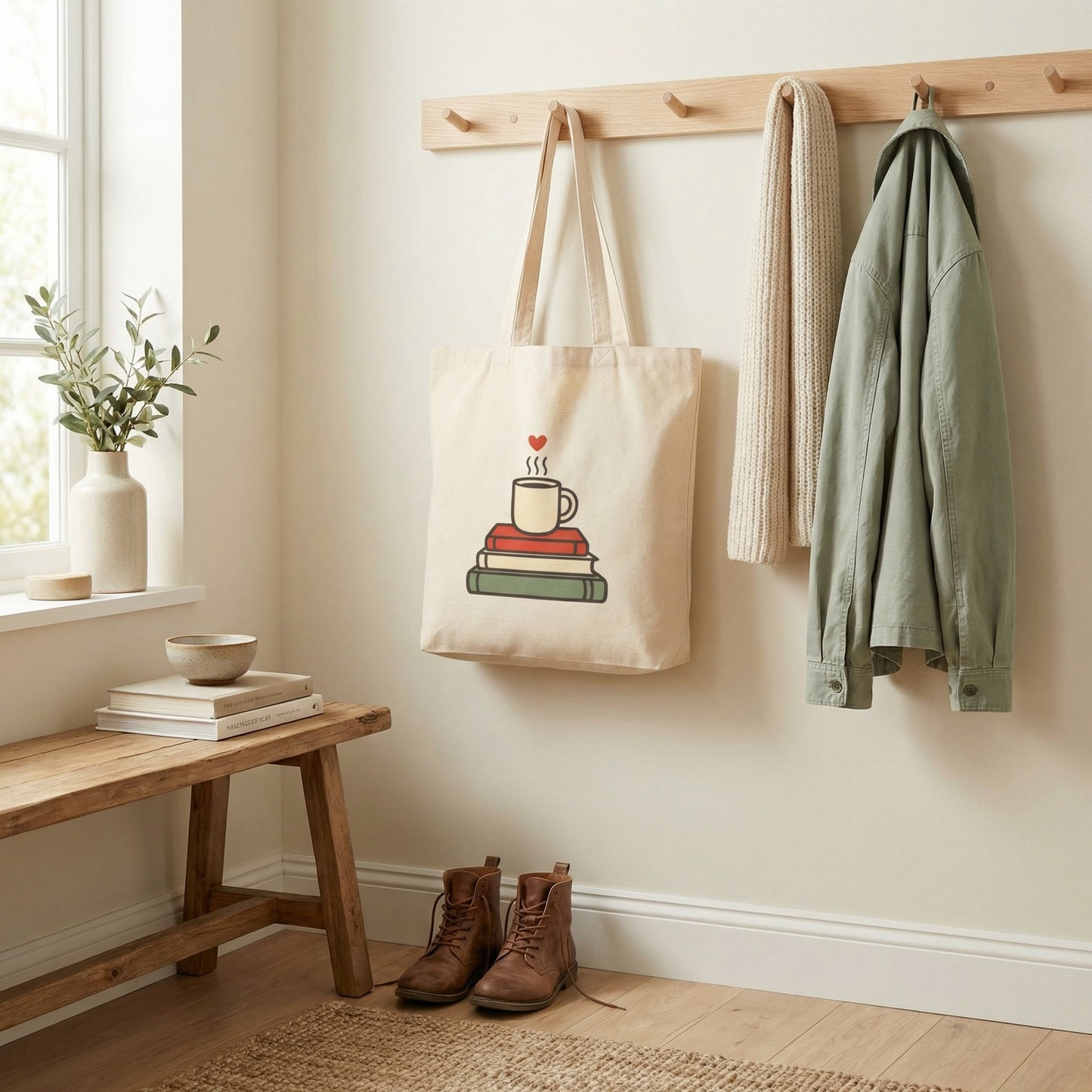 Book Lover Tote Bag — Coffee & Books Stack Canvas Tote