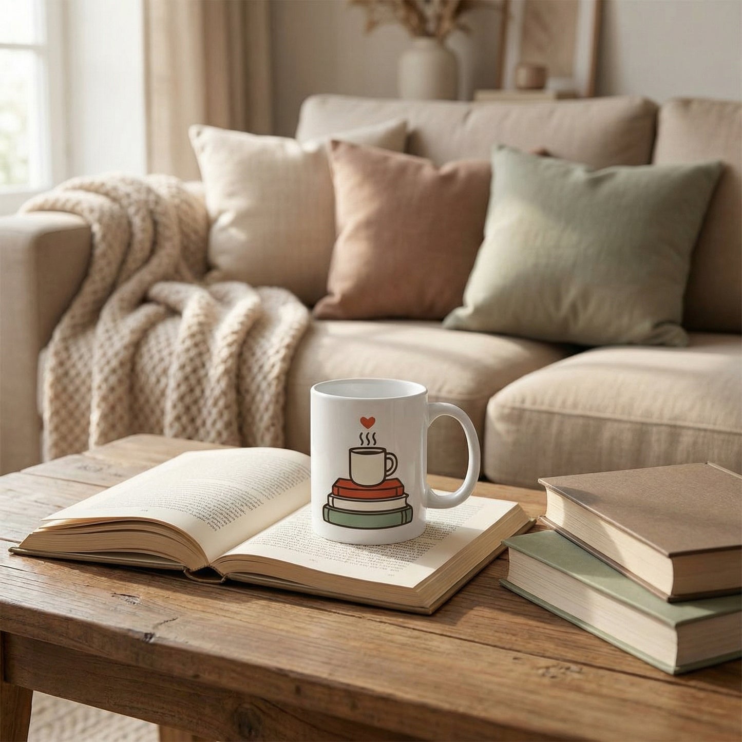 Cozy Reading Stack Mug — Coffee Cup on Books with Heart (11oz)