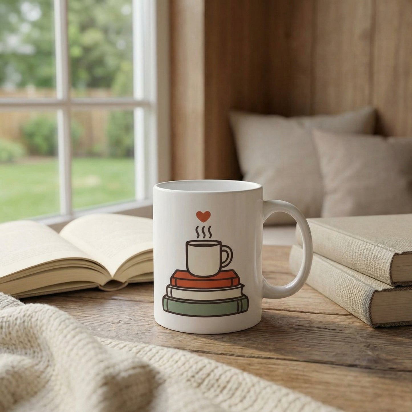 Cozy Reading Stack Mug — Coffee Cup on Books with Heart (11oz)