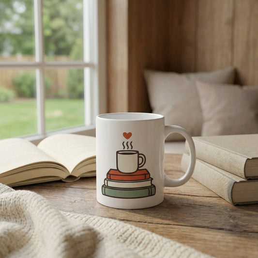 Cozy Reading Stack Mug — Coffee Cup on Books with Heart (11oz)