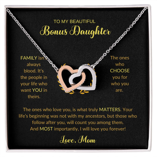 To My Bonus Daughter | Love Mom (Interlocking Hearts Necklace)