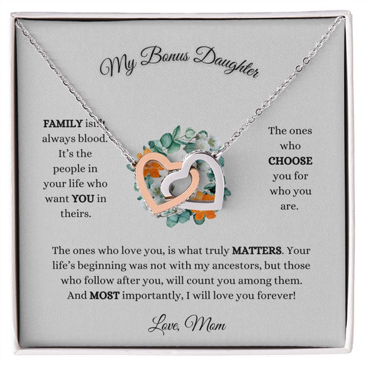 To My Bonus Daughter | Love Mom (Interlocking Hearts Necklace)